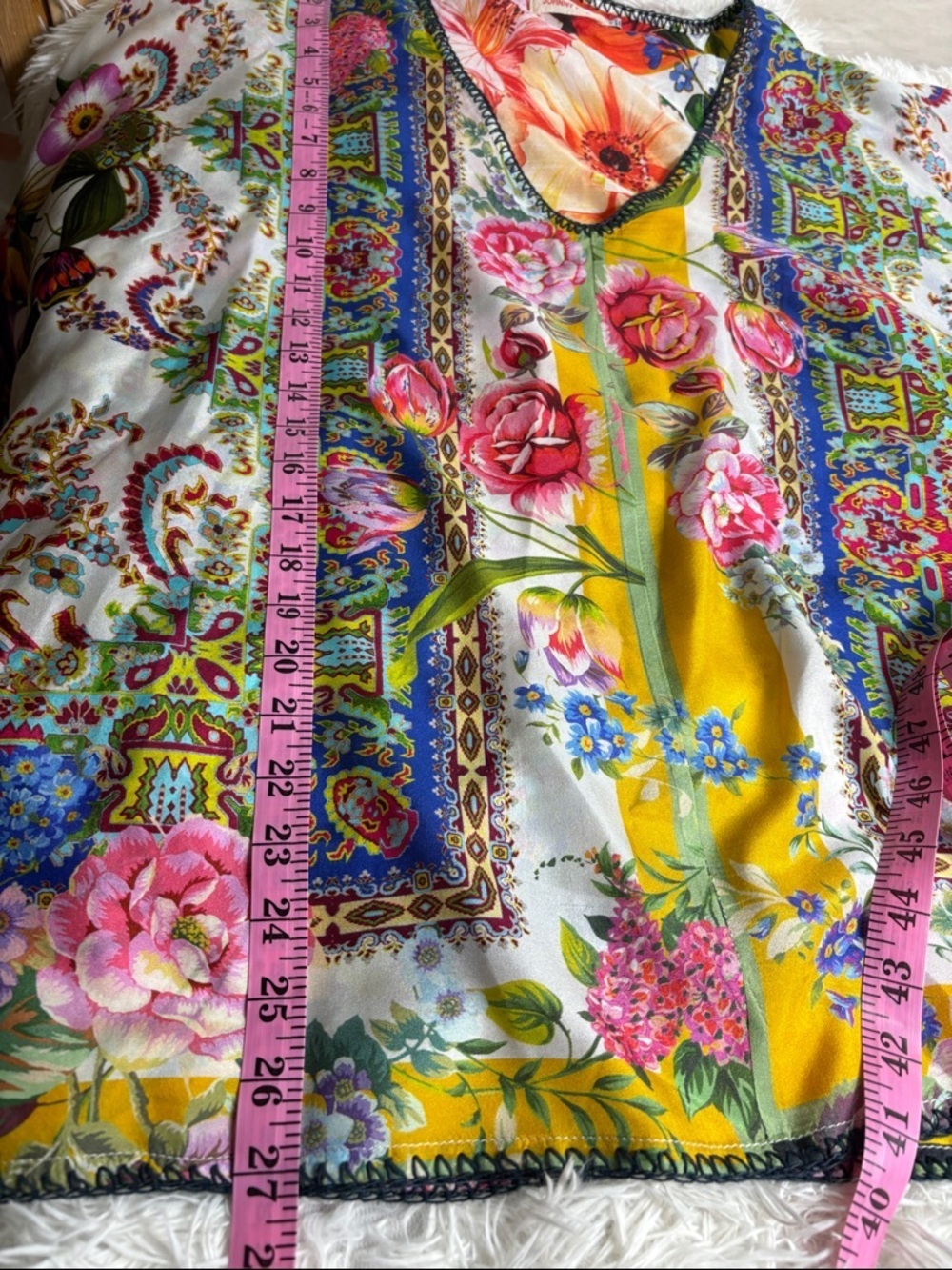Johnny Was Sorbet Floral Print 100% Silk V-Neck Blouse - Boho Tassel Sleeve - Picture 6 of 7